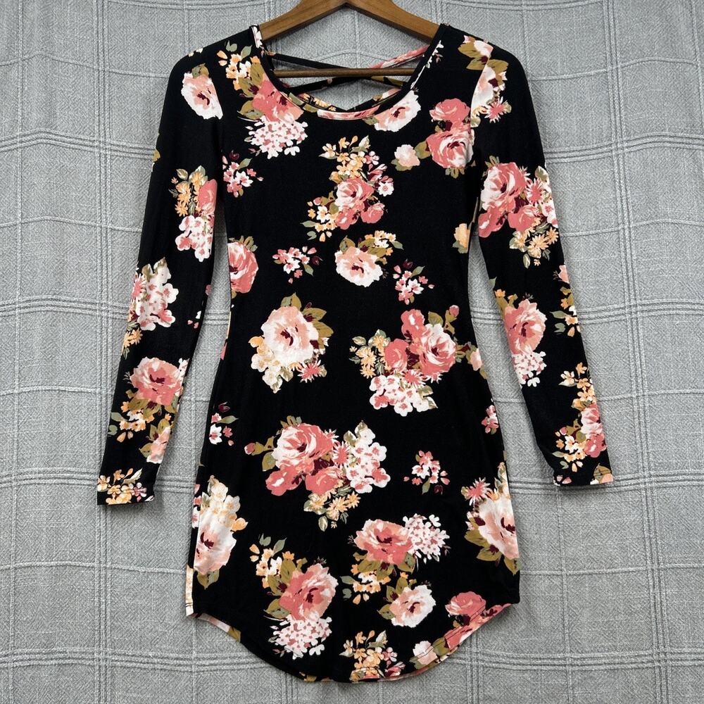 No Boundaries Mini Dress Junior's XS Size 1 Black Floral Caged Back Shirt Dress